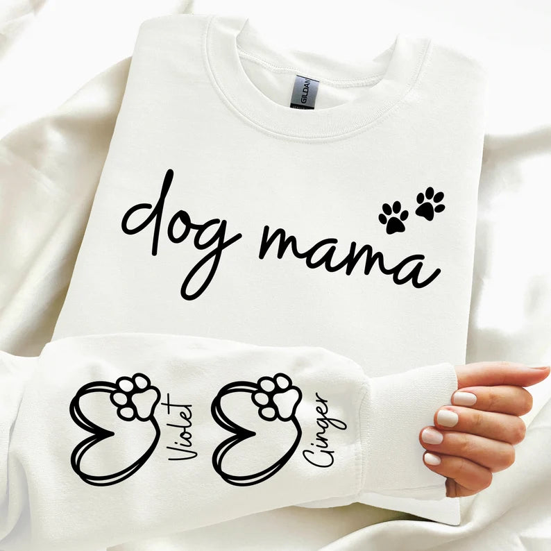 Dog Mama Children Names on Sleeve & Heart Unisex Mother's Day Printed Hoodie / Sweater