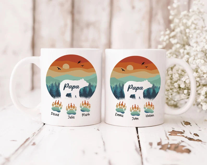Papa Bear with Paw Prints Colourful Personalise Handprint Up to 3 Kids Mug Wrap Mug / Tumbler Father's day