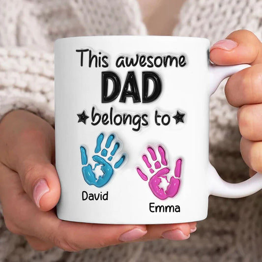This Awesome Dad Belongs to Personalise Handprint Up to 6 Kids Mug Wrap Mug / Tumbler Father's day