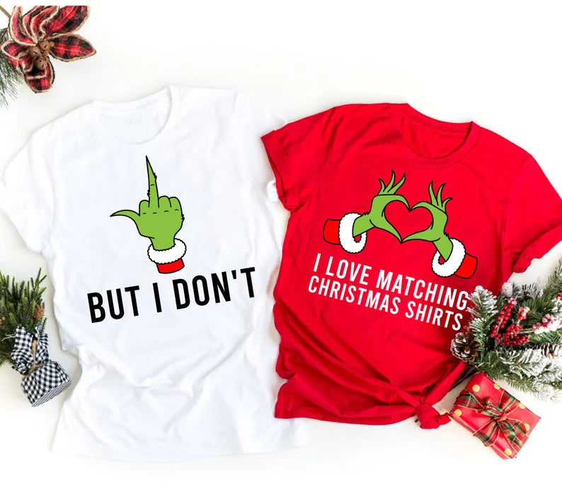Matching Grinch But I Dont Grinch middle finger and I Love Matching Christmas Shirts grinch love heart fingers Grinch Mr and Mrs Shirts Grinch Couple shirts - Christmas Printed Shirt for the Whole Family - Matching Unisex, Ladies Fitted & Kids Family of 4 Christmas Matching Printed Shirts (2 Shirts - unisex, ladies fitted shirts)