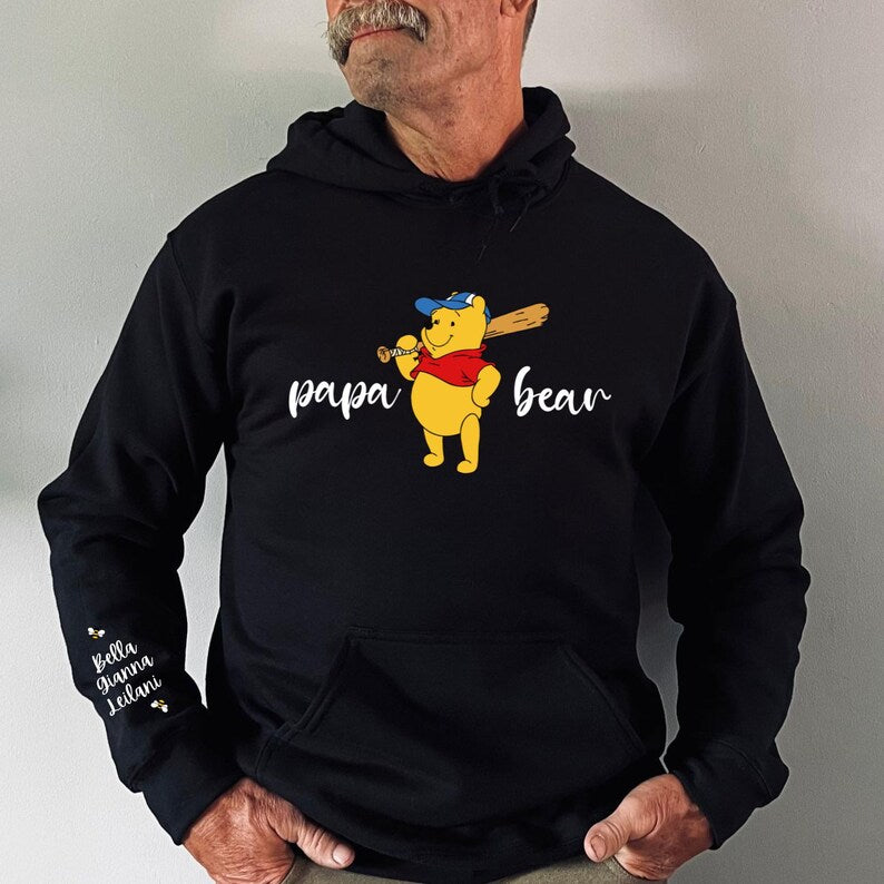 Papa Bear with Pooh holding baseball bat personalised with Children Names on Sleeve Multicolour fonts and hearts Unisex Mother's Day Printed Hoodie / Sweater