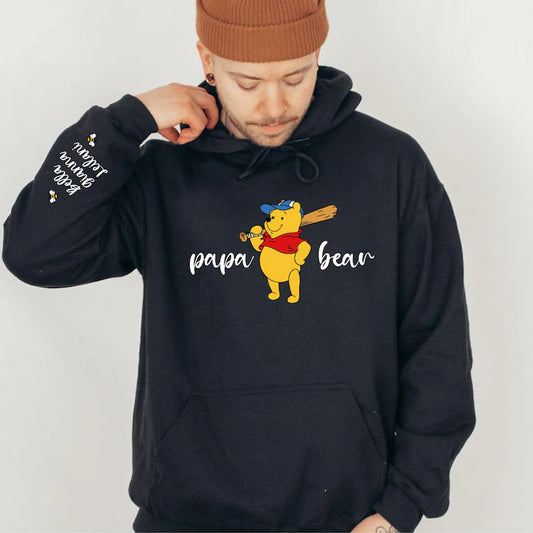 Papa Bear with Pooh holding baseball bat personalised with Children Names on Sleeve Multicolour fonts and hearts Unisex Mother's Day Printed Hoodie / Sweater