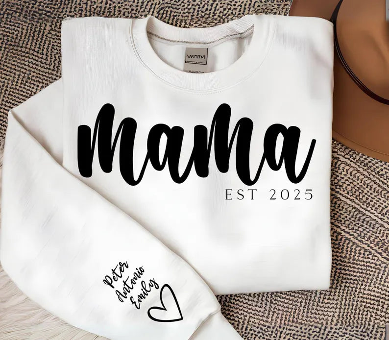 Mama Est Children Names on Sleeve & Heart Unisex Mother's Day Printed Hoodie / Sweater