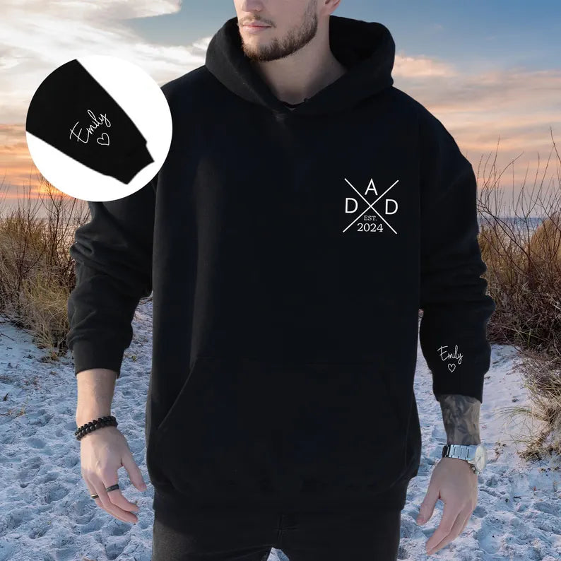 Dad Est Arrow Pocket Print Personalised with Children Names on Sleeve & Heart Unisex Father's Day Printed Hoodie / Sweater Gift for Dad
