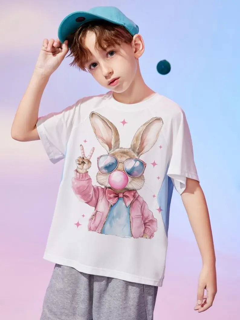 Retro Bunny blowing bubbles Boy & Girl Bunny Kids Printed Shirts