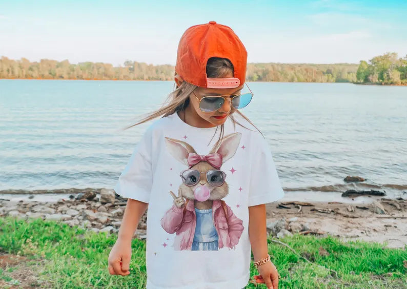 Retro Bunny blowing bubbles Boy & Girl Bunny Kids Printed Shirts