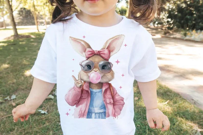 Retro Bunny blowing bubbles Boy & Girl Bunny Kids Printed Shirts