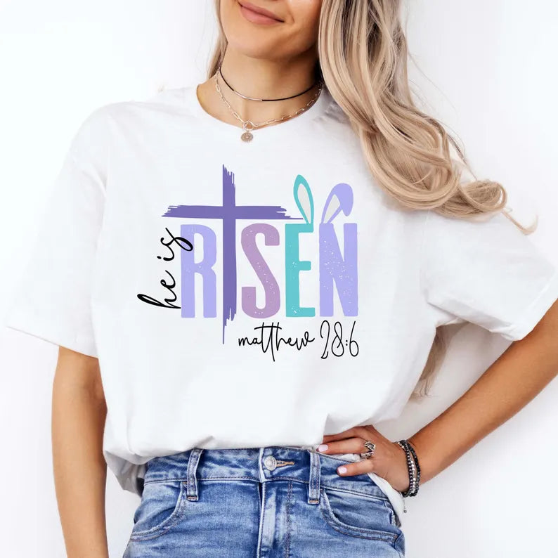 He is Risen Matthew 28:6 Purple Text with Cross - Adult & Kids Easter Printed Shirts - Unisex, Ladies Fitted & Kids (Faith-based) christian shirt religious shirts adult easter shirts kids easter shirts