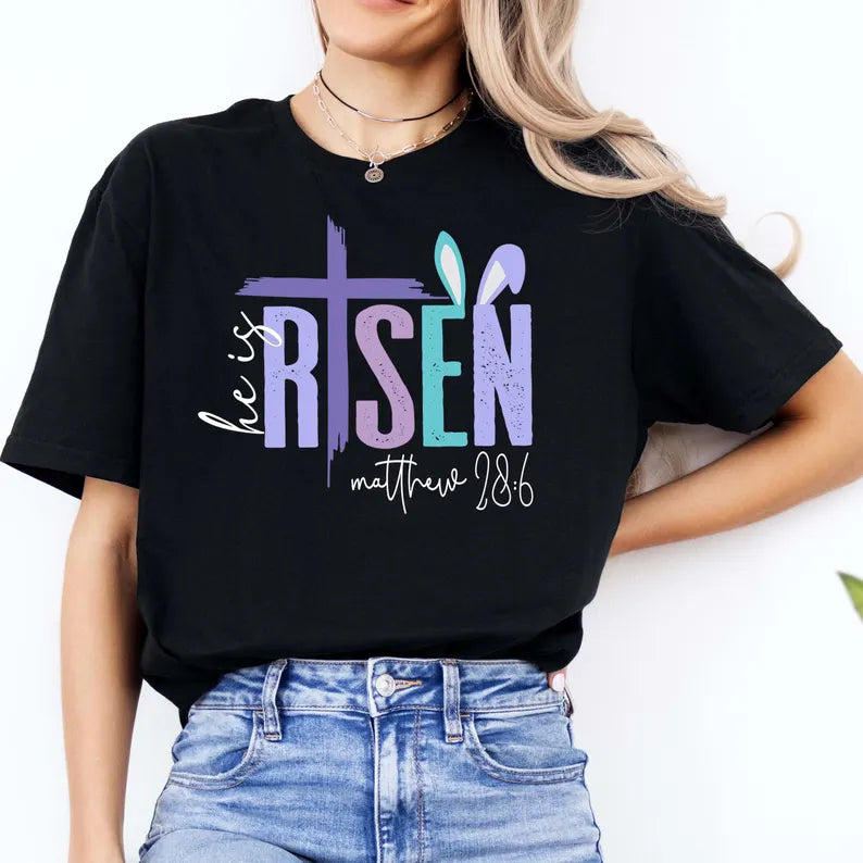 He is Risen Matthew 28:6 Purple Text with Cross - Adult & Kids Easter Printed Shirts - Unisex, Ladies Fitted & Kids (Faith-based)