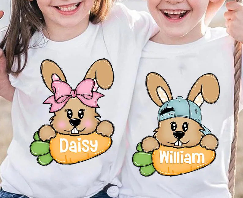 Bunny with Personalised Carrot Hat or Bow Boy & Girl Bunny Kids Easter Printed Shirts