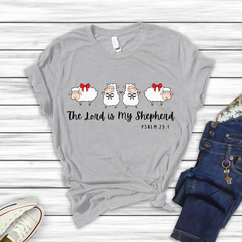The Lord is my Shepherd Psalms 23:1 with 4x Cute Sheep- Adult & Kids Easter Printed Shirts - Unisex, Ladies Fitted & Kids (Faith-based)