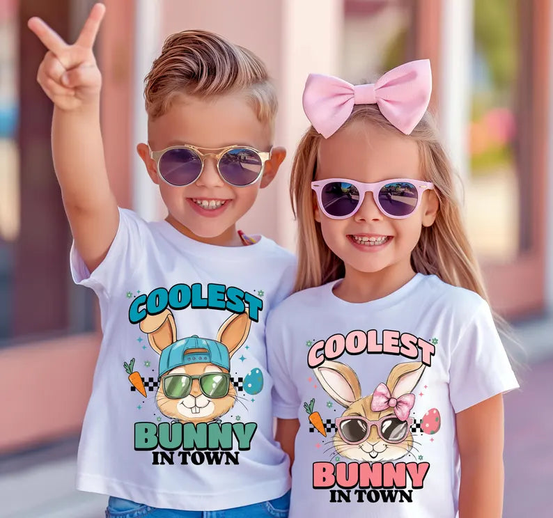 Coolest Bunny in Town Cap and Bow with Glasses Boy & Girl Bunny Kids Printed Shirts