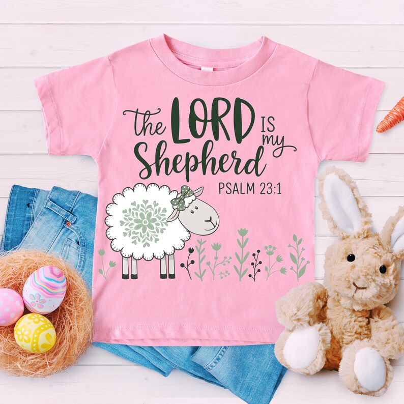 The Lord is my Shepherd Psalms 23:1 with Cute Sheep Mint Green Theme - Adult & Kids Easter Printed Shirts - Unisex, Ladies Fitted & Kids (Faith-based)