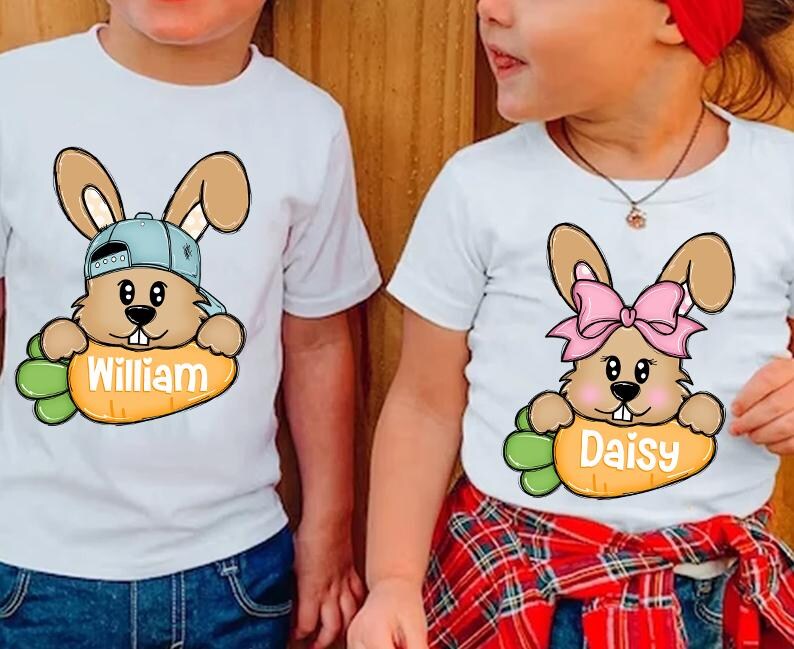 Bunny with Personalised Carrot Hat or Bow Boy & Girl Bunny Kids Easter Printed Shirts