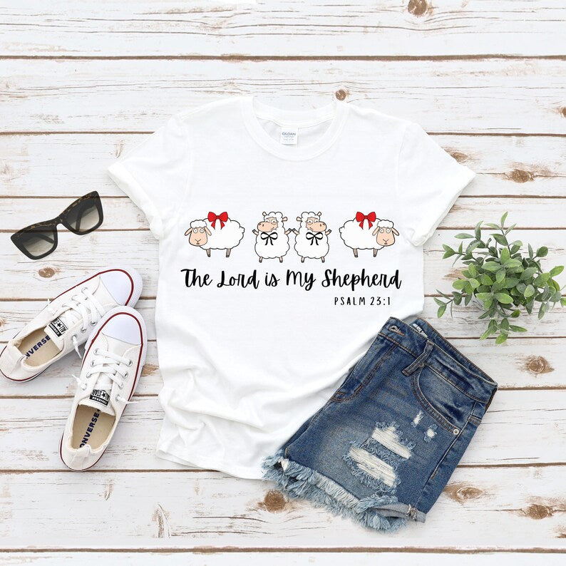 The Lord is my Shepherd Psalms 23:1 with 4x Cute Sheep- Adult & Kids Easter Printed Shirts - Unisex, Ladies Fitted & Kids (Faith-based)
