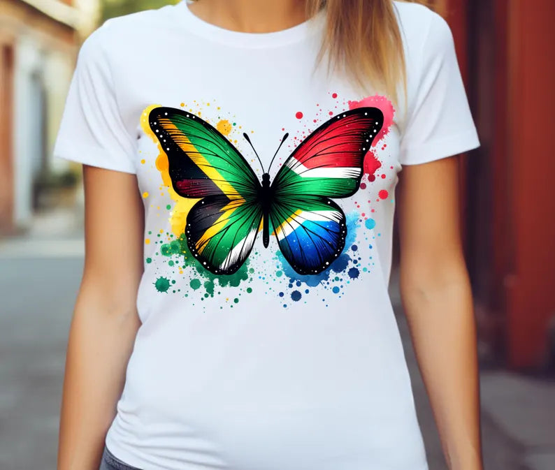 South African butterfly flag shirt – ladies and kids sizes, matching family outfits
Butterfly design t-shirt with South African flag – ladies and kids
South African pride shirt – butterfly flag graphic, ladies and kids sizes
Vibrant South African butterfly flag tee – matching family shirts