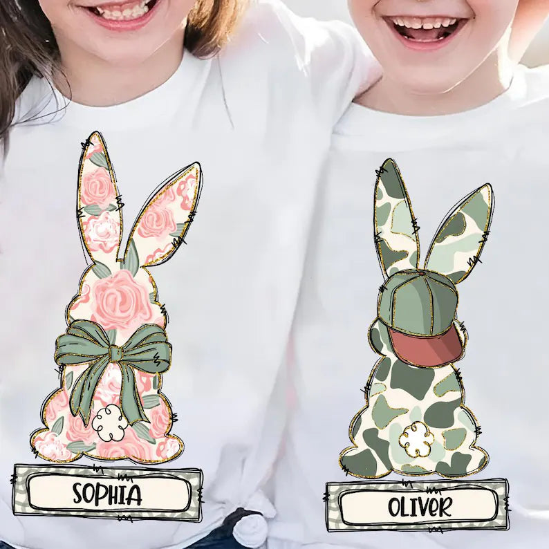 Floral Camo wth Bow or Hat Personalised Boy & Girl Bunny Kids Easter Printed Shirts