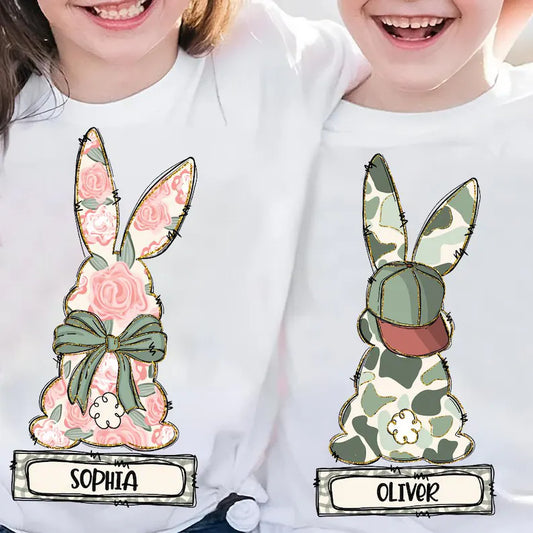 Floral Camo wth Bow or Hat Personalised Boy & Girl Bunny Kids Easter Printed Shirts