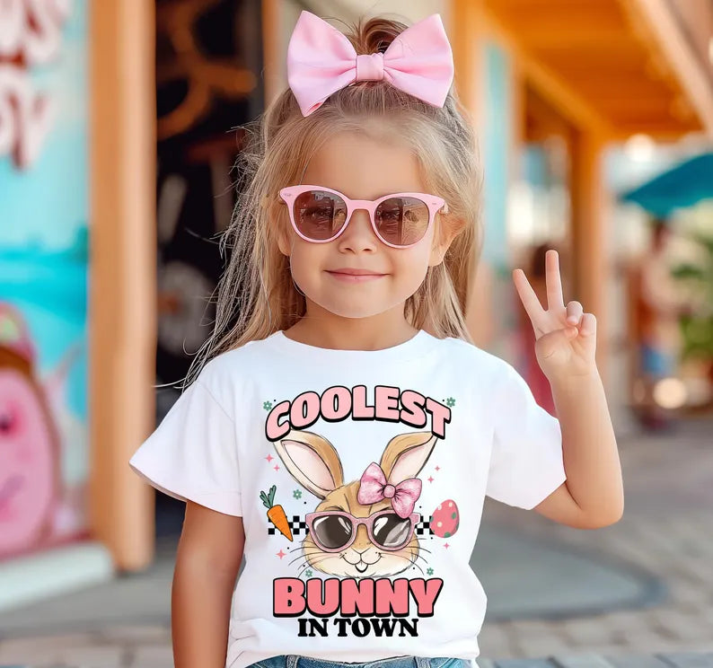 Coolest Bunny in Town Cap and Bow with Glasses Boy & Girl Bunny Kids Printed Shirts
