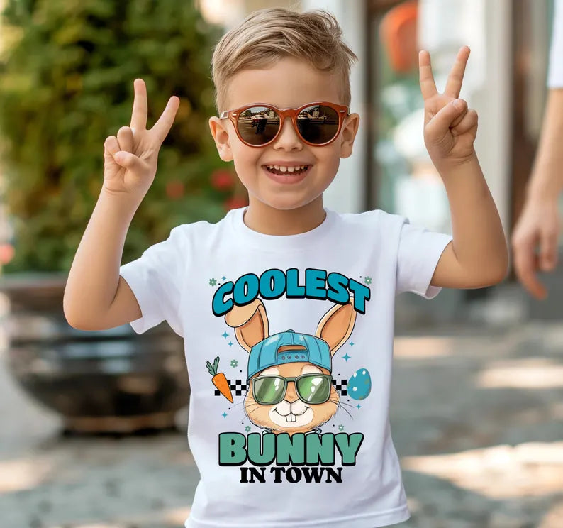 Coolest Bunny in Town Cap and Bow with Glasses Boy & Girl Bunny Kids Printed Shirts