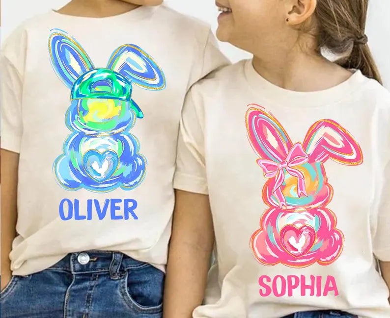 Watercolour Bunny with Hat & Bow Personalised Boy & Girl Bunny Kids Easter Printed Shirts