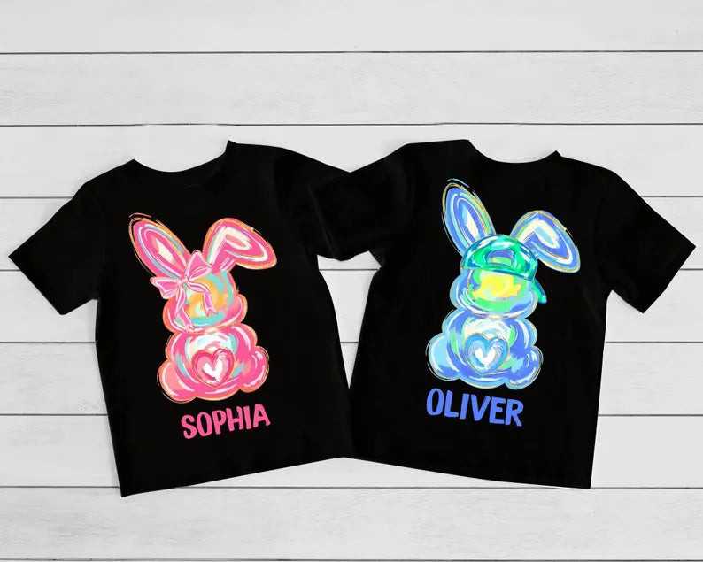 Watercolour Bunny with Hat & Bow Personalised Boy & Girl Bunny Kids Easter Printed Shirts