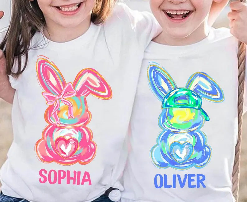 Watercolour Bunny with Hat & Bow Personalised Boy & Girl Bunny Kids Easter Printed Shirts