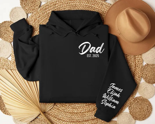 Dad Est Pocket Print Personalised with Children Names on Sleeve & Heart Unisex Father's Day Printed Hoodie / Sweater Gift for Dad