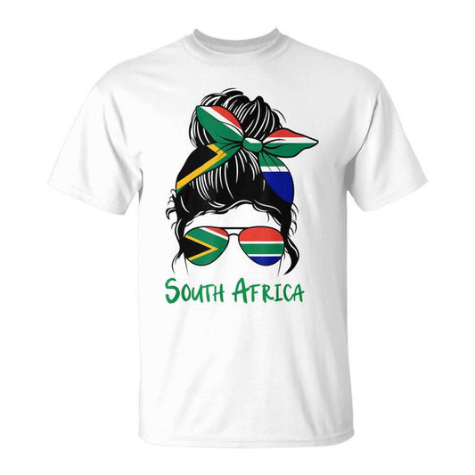 South Africa t-shirt with woman design – flag in hair and glasses, matching family sizes