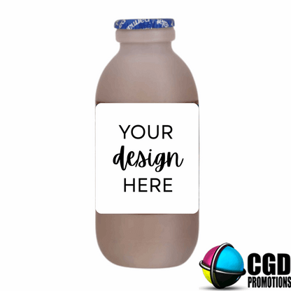 "Custom Steri Stumpi bottle labels in vibrant colours for personalised milkshake party decor"