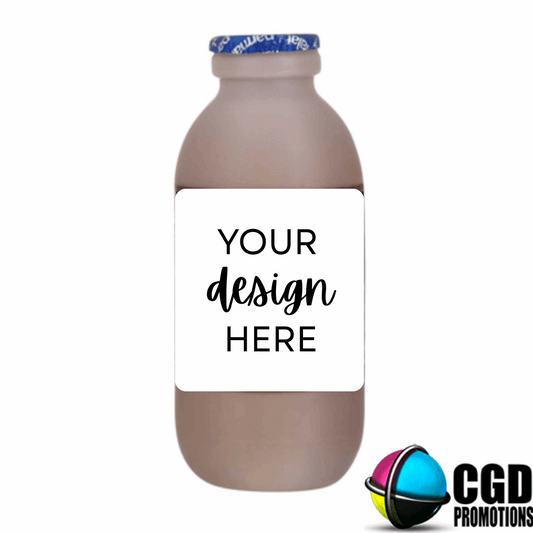 "Custom Steri Stumpi bottle labels in vibrant colours for personalised milkshake party decor"