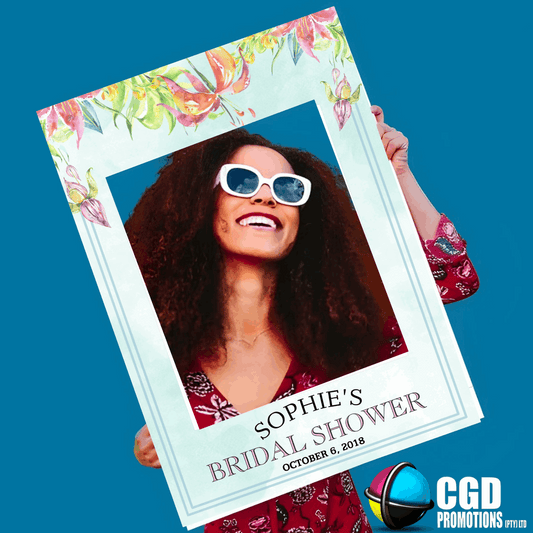 “Custom blue selfie frame with personalized text for parties and baby showers”