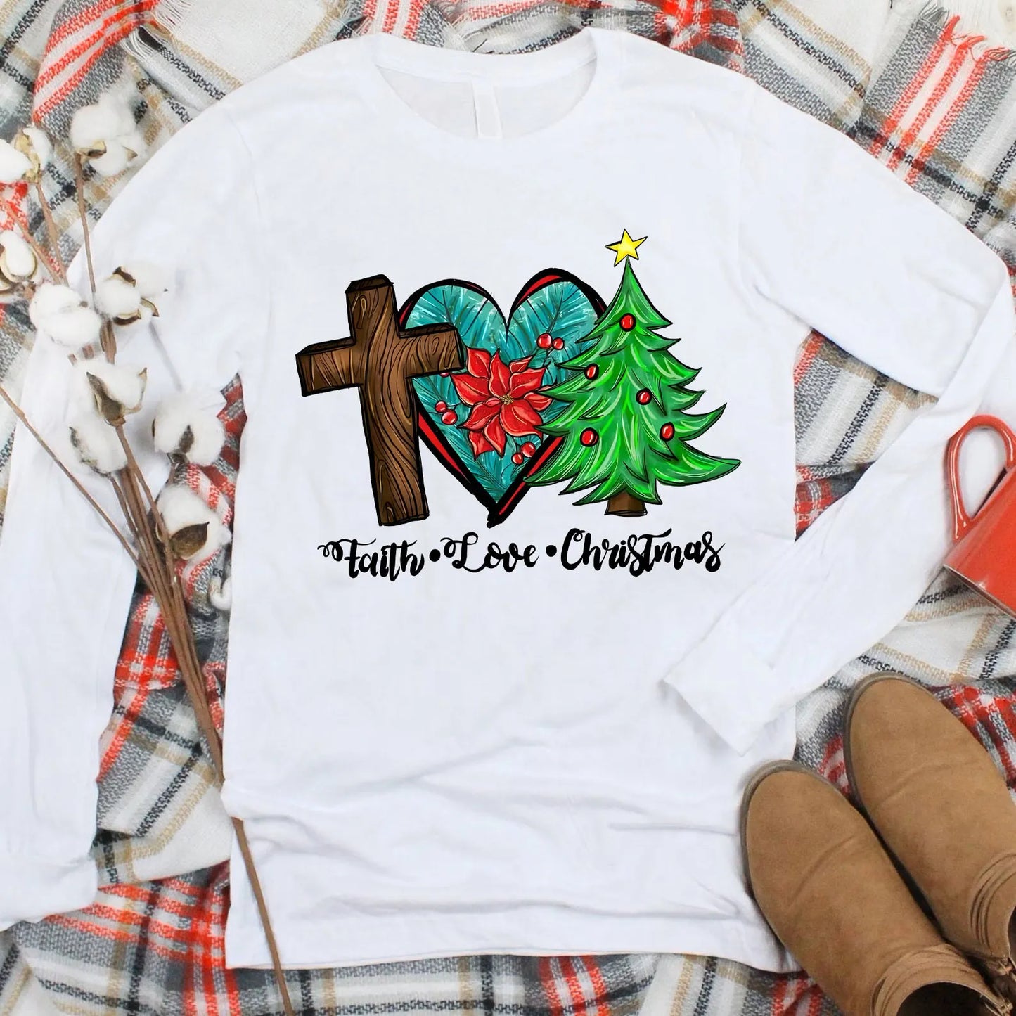 Faith Love Christmas - Christmas Printed Shirt for the Whole Family - Matching Unisex, Ladies Fitted & Kids (Faith-Based)