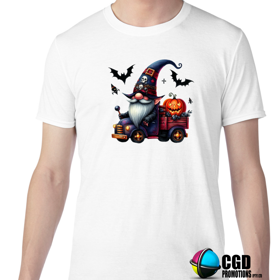 Skull Hat Gnome with pumpkin and Bats Halloween Adult Printed Shirt