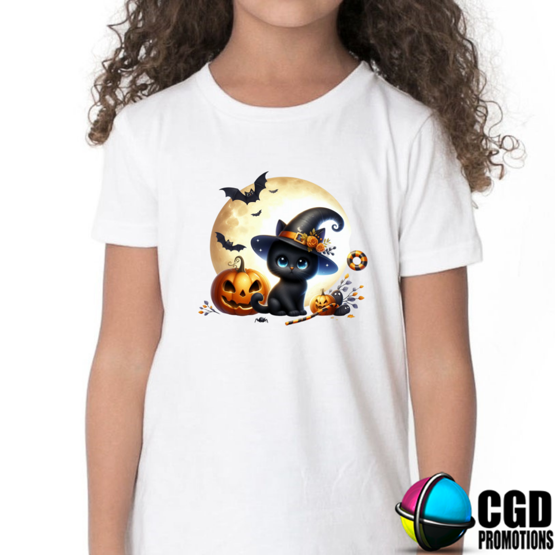 Cute Cat with with Orange Witch Hat, Pumpkins & Moon Halloween Kids Printed Shirt 