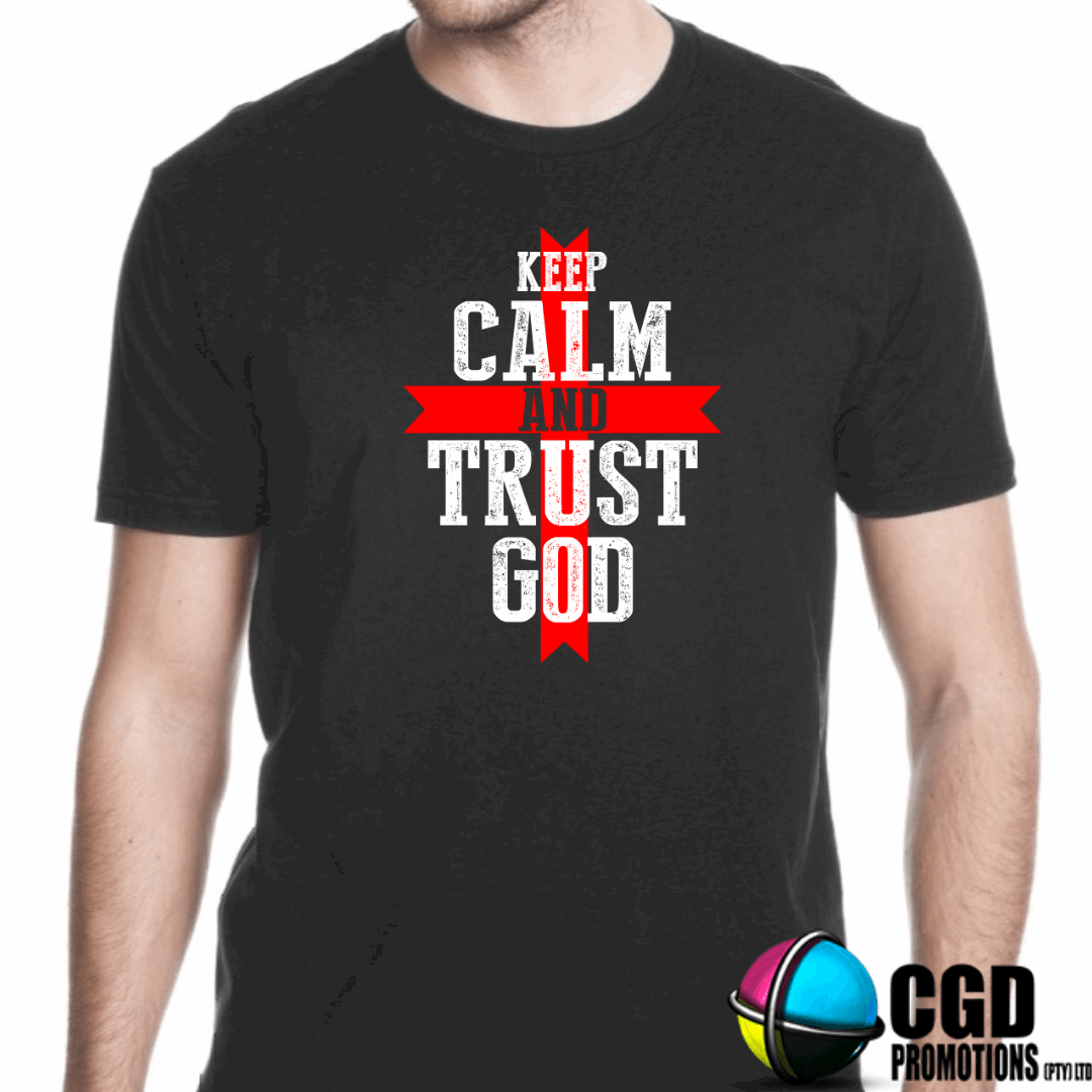 Keep Calm and Trust God Red Cross Print Adult Printed Shirt (Faith Based)