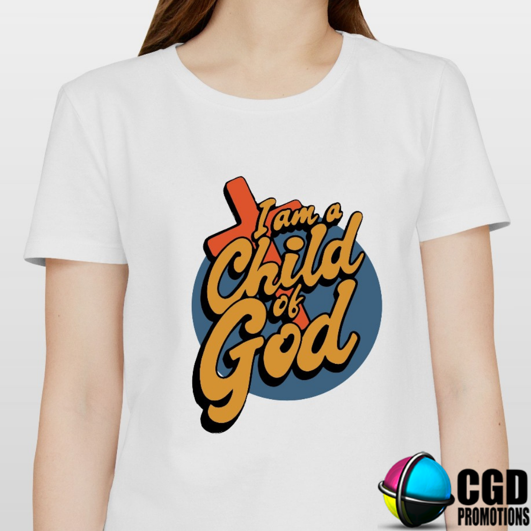 Im a child of God Adult Printed Shirt (Faith Based) Yellow and orange print with cross