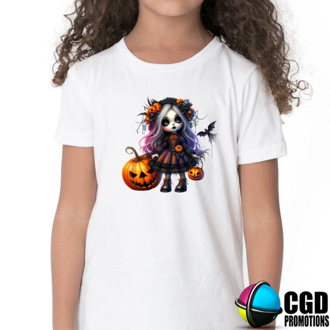 Goth Girl With Large Pumpkin Halloween Kids Printed Shirt