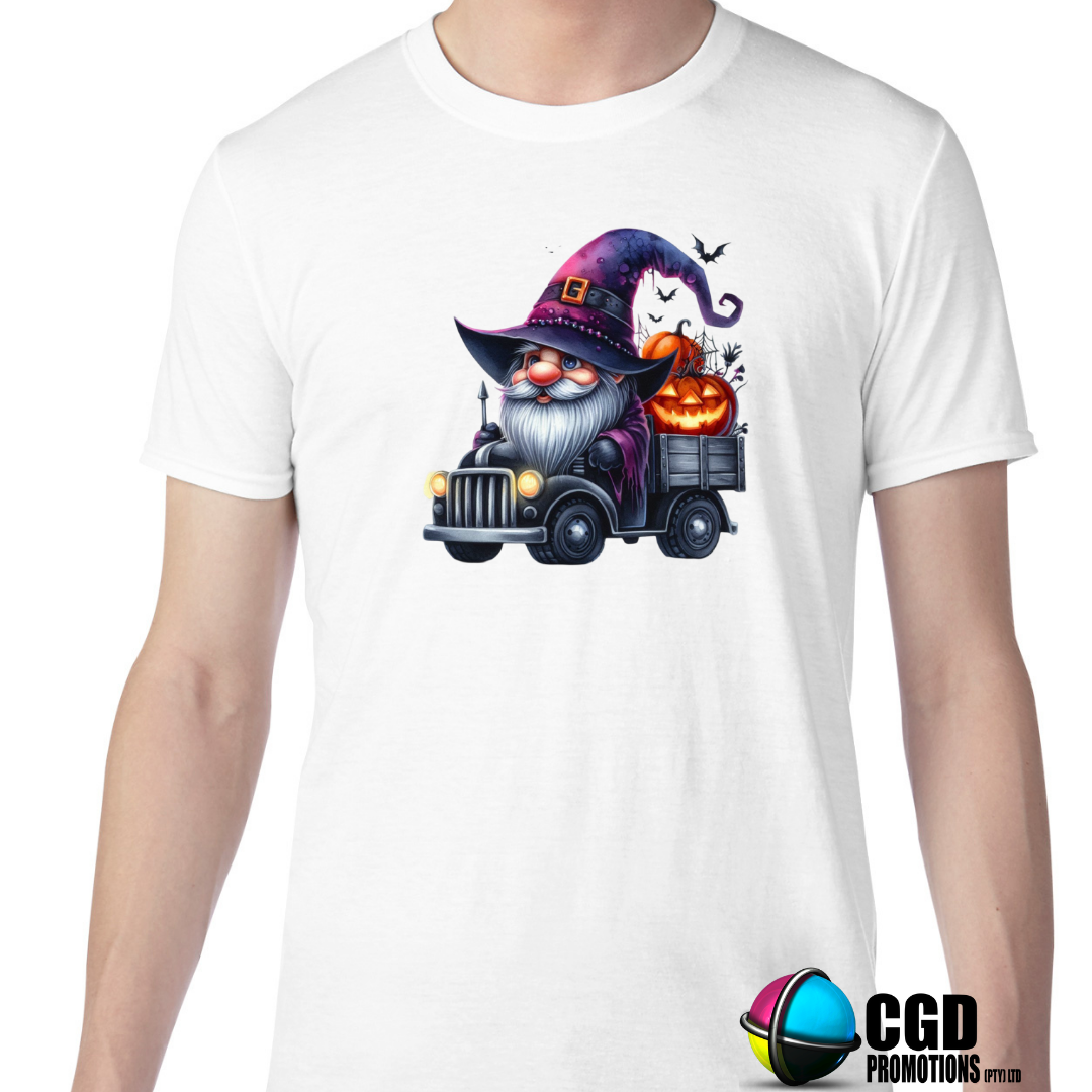 Purple Hat Gnome with pumpkin and Bats Halloween T-shirts Adult Printed Shirt