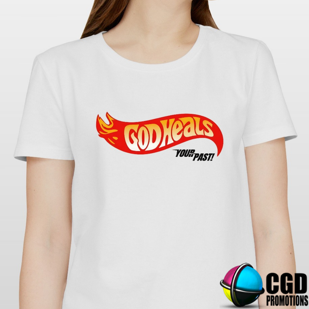 God Heals Your Past Hot Wheel Fire Logo Adult Printed Shirt (Faith Based)