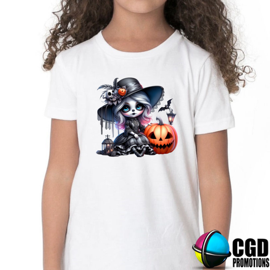 Goth Skeleton Witch Girl With Large Pumpkin Halloween Kids Printed Shirt