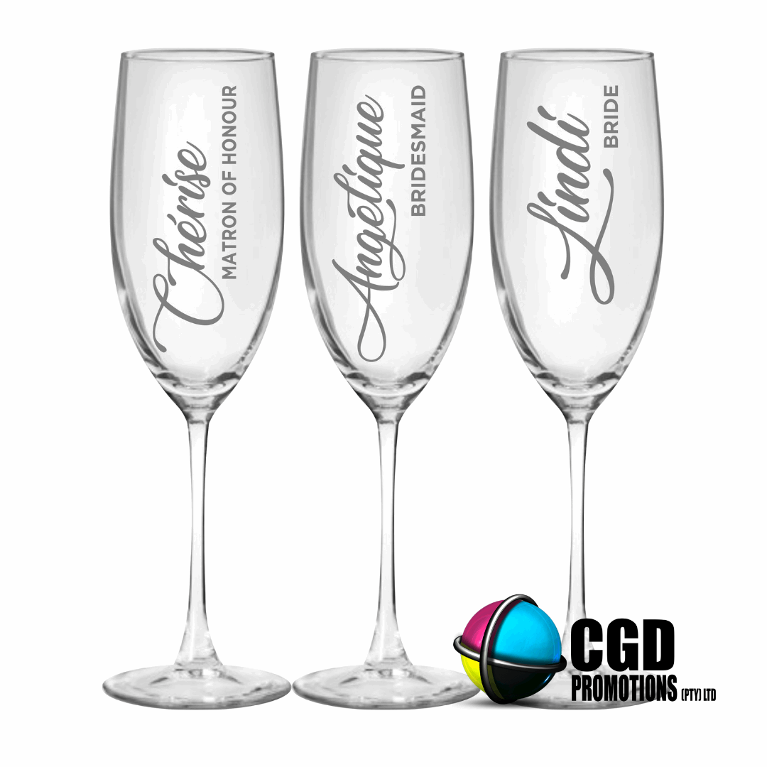 Elegant Personalized Sandblasted Wedding Party Champagne Glasses – Custom Names & Titles
