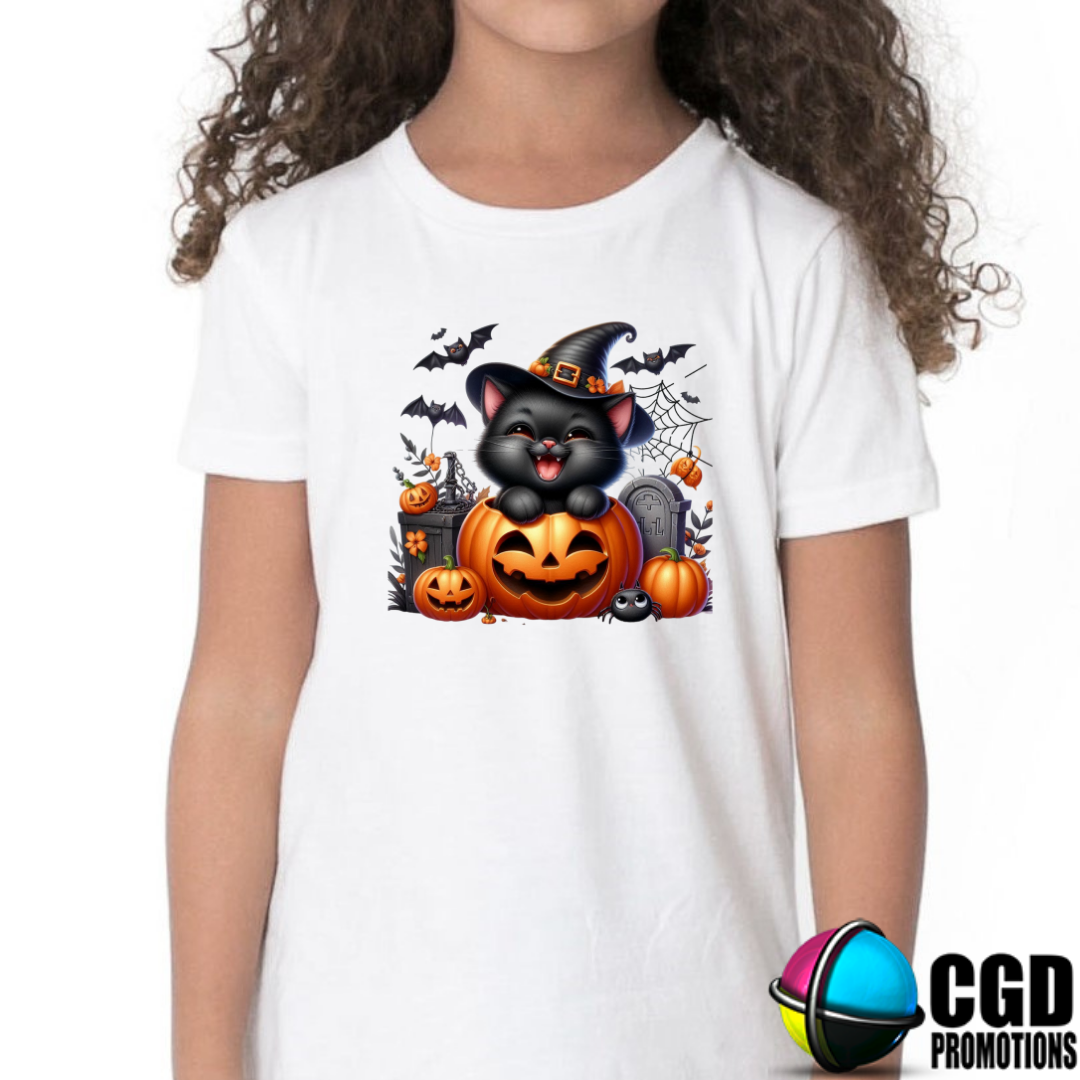 Cute Smiling Cat in Pumpkin Halloween Kids Printed Shirt