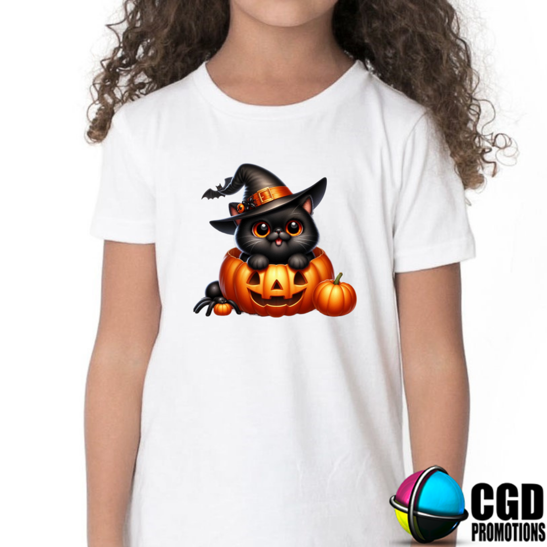 Cute Smiling Cat with Witch Hat in Pumpkin Halloween Kids Printed Shirt