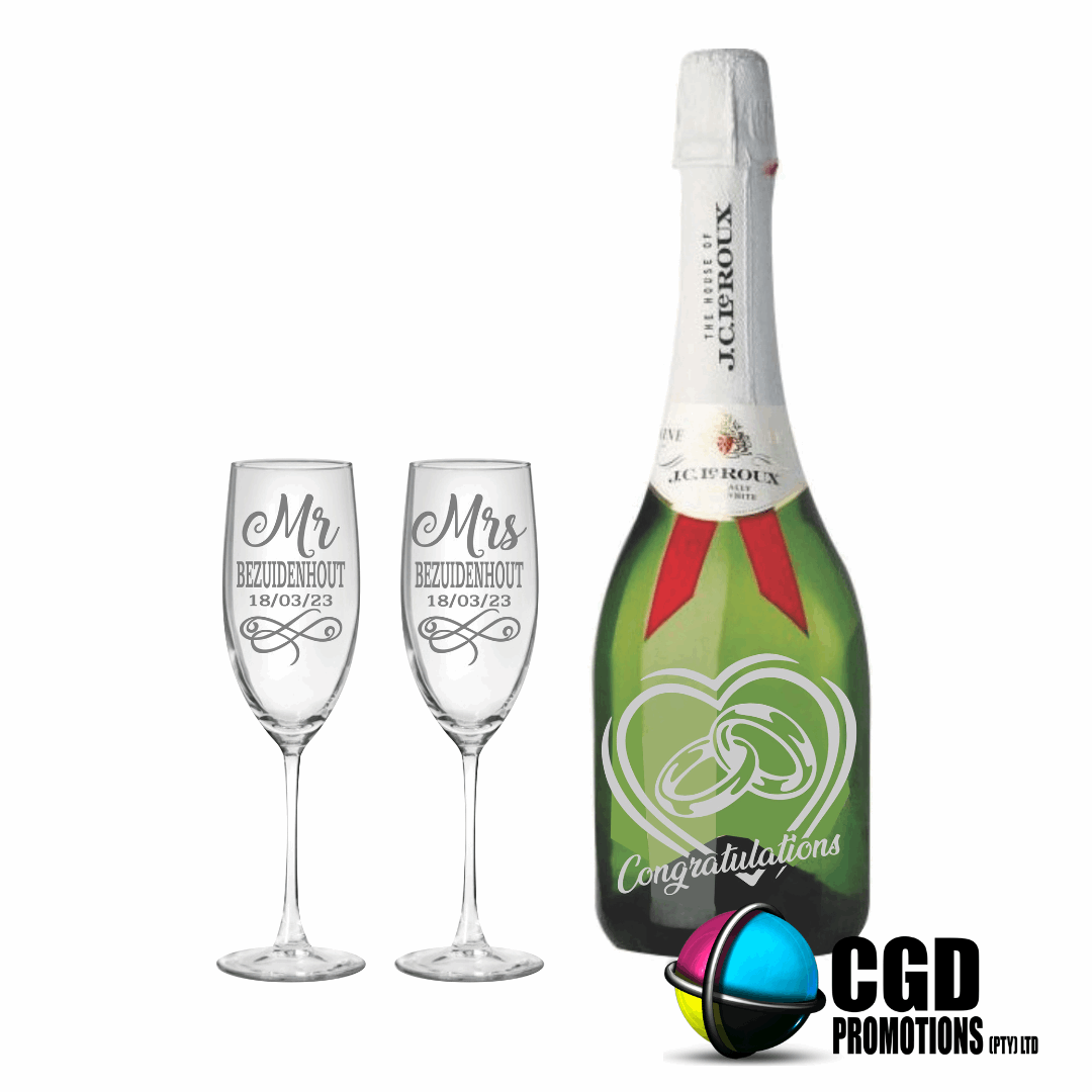 Personalized Mr & Mrs Wedding Champagne Glass & Bottle Gift Set – Sandblasted with Surname & Date