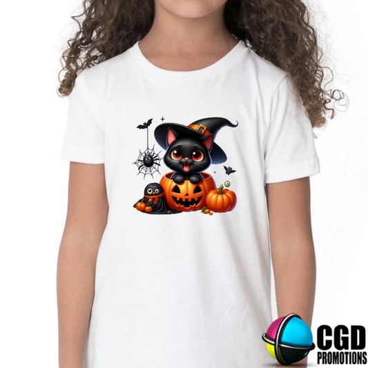 Cute Smiling Cat with Witch Hat in Pumpkin Halloween Kids Printed Shirt