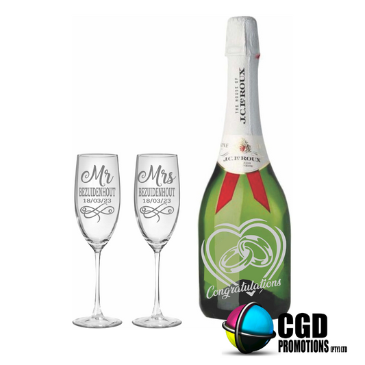 Personalized Mr & Mrs Wedding Champagne Glass & Bottle Gift Set – Sandblasted with Surname & Date