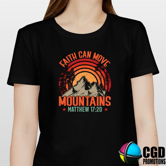 Faith Can Move Mountains Matthew 17:20 Adult Red and Orange Printed Shirt (Faith Based)