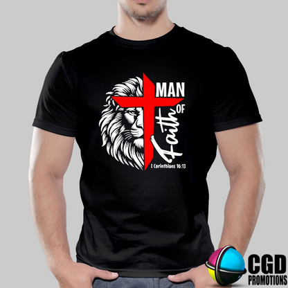 Man of Faith 1 Corinthians 16:13 Lion Face with Red Cross Adult Printed Shirt (Faith Based)