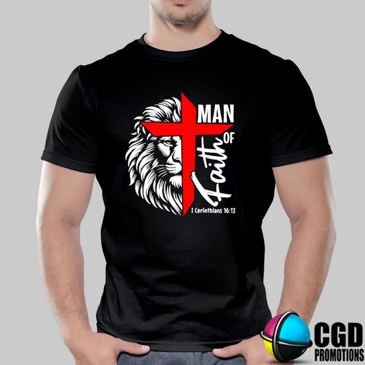 Man of Faith 1 Corinthians 16:13 Lion Face with Red Cross Adult Printed Shirt (Faith Based)